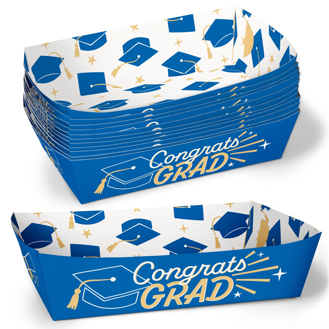 Big Dot of Happiness Blue Graduation Paper Food Trays, Disposable Food Boats for Congrats Grad, Double-Sided Paper Meal Holders for Snacks - 12 Ct